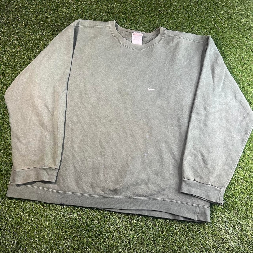 VTG Nike Mini Swoosh Crewneck Sweatshirt Olive Green Made USA XL Faded Dist